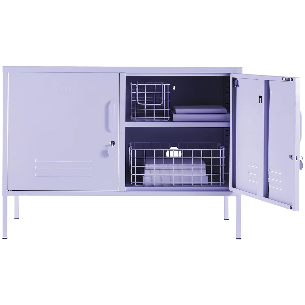 Metal storage cabinet with open doors on a white background
