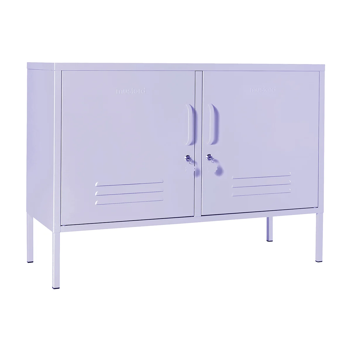 Purple metal cabinet with two doors on a white background