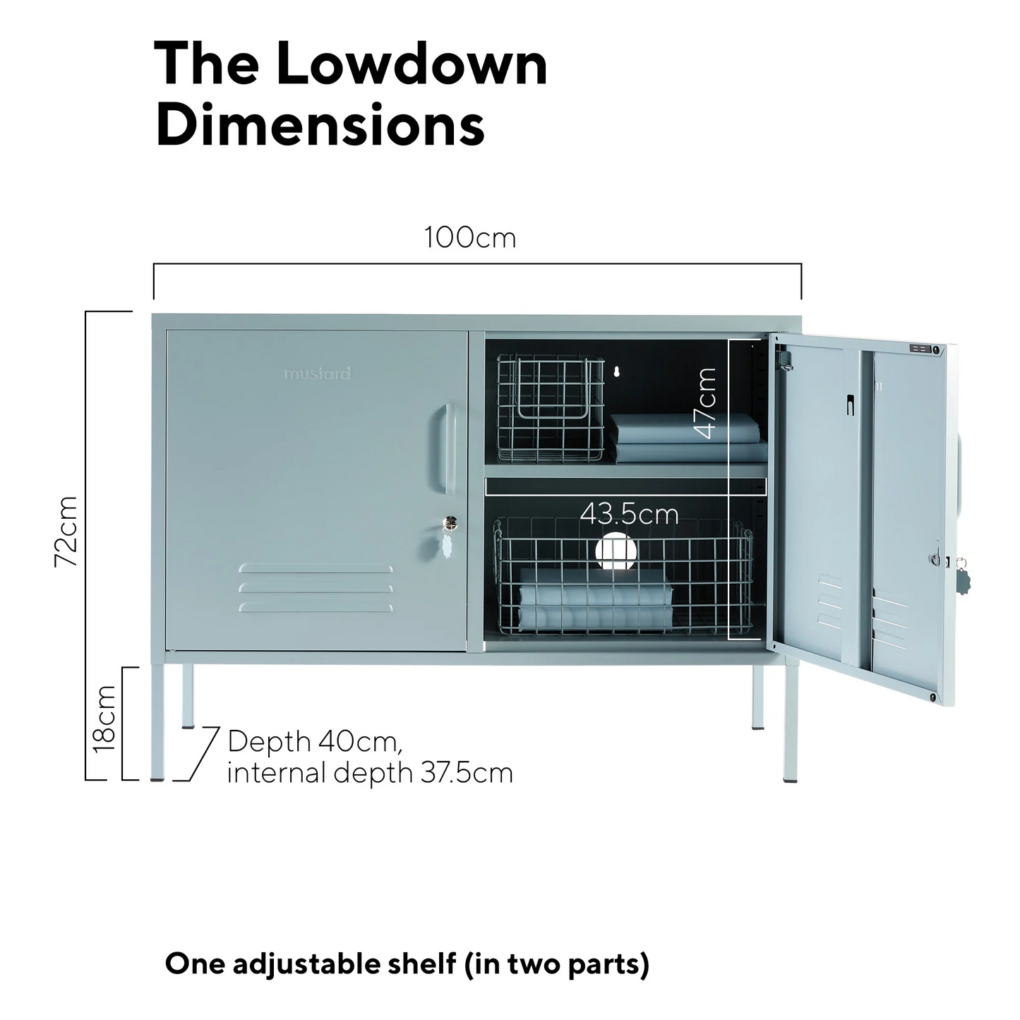 Dimensions of a storage cabinet with adjustable shelf on a white background