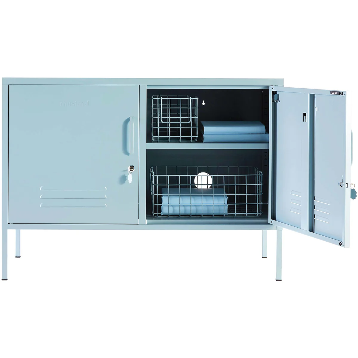 Metal storage cabinet with open doors on a white background