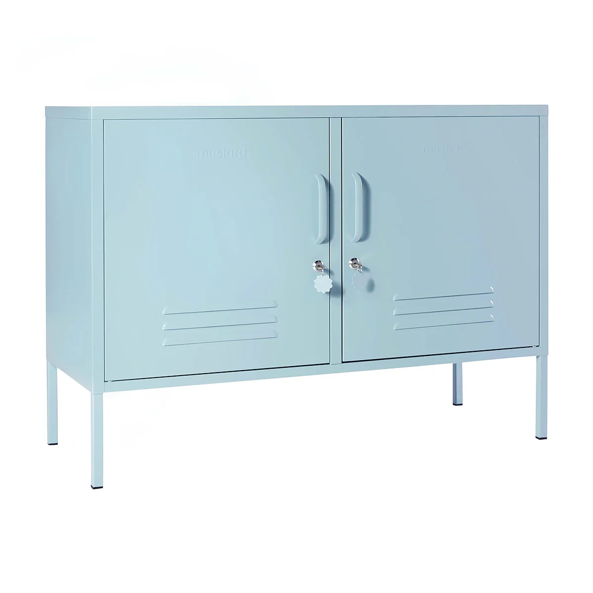 Light blue metal cabinet with two doors on a white background