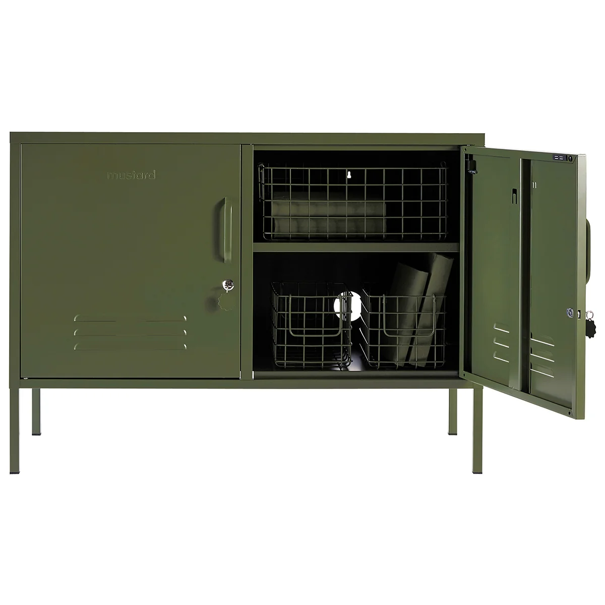 Green metal locker with open doors on a white background