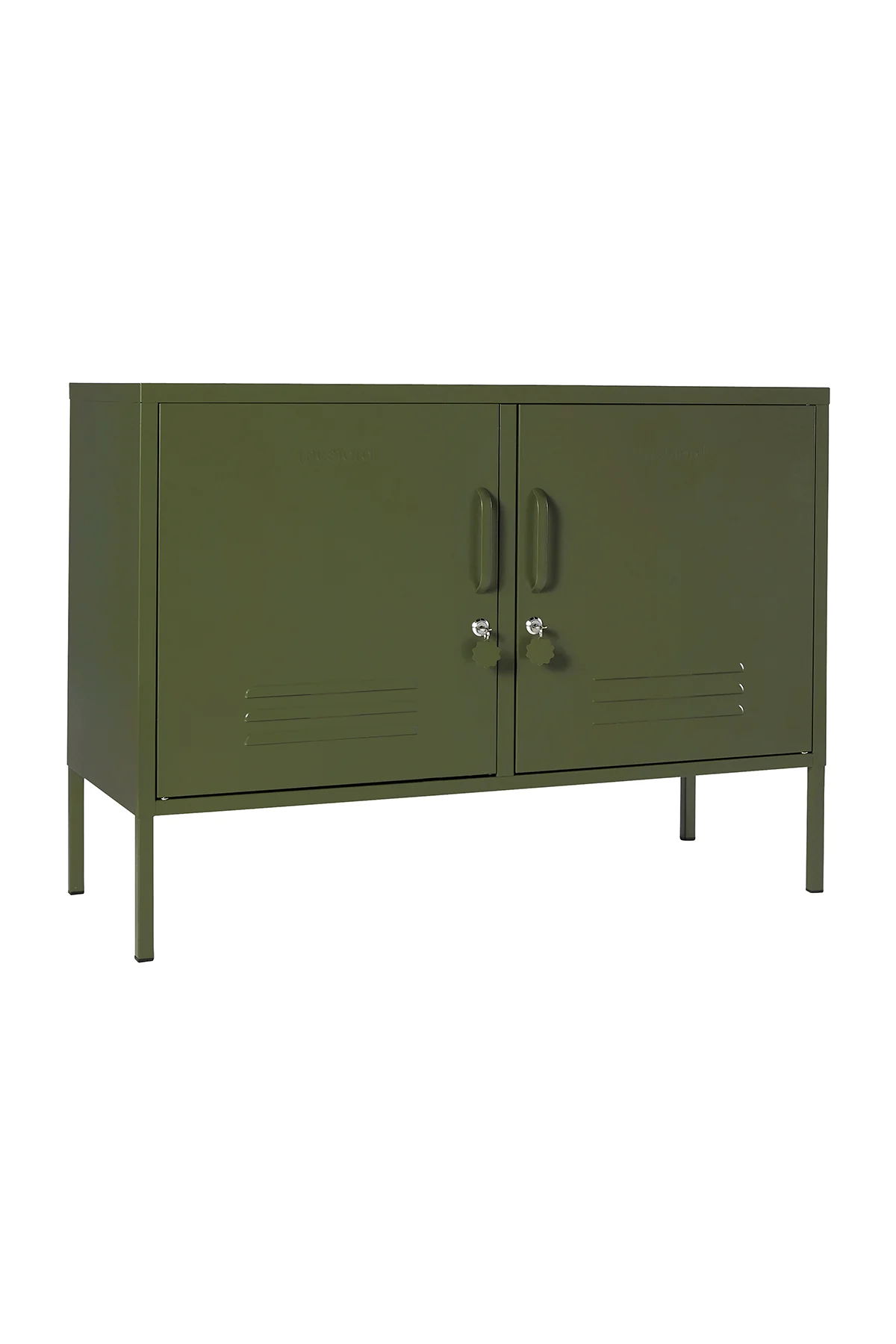 Green metal cabinet with two doors on a white background