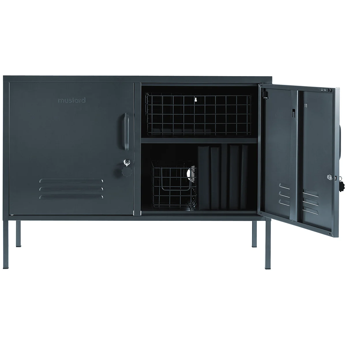 Gray metal locker with open doors on a white background