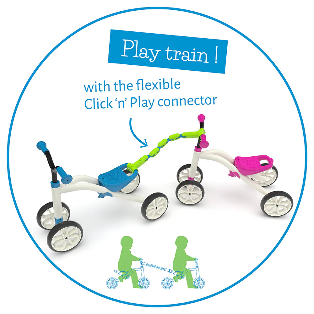 Children's toy tricycle set with flexible connector and text 'Play train! with the flexible Click 'n' Play connector'.