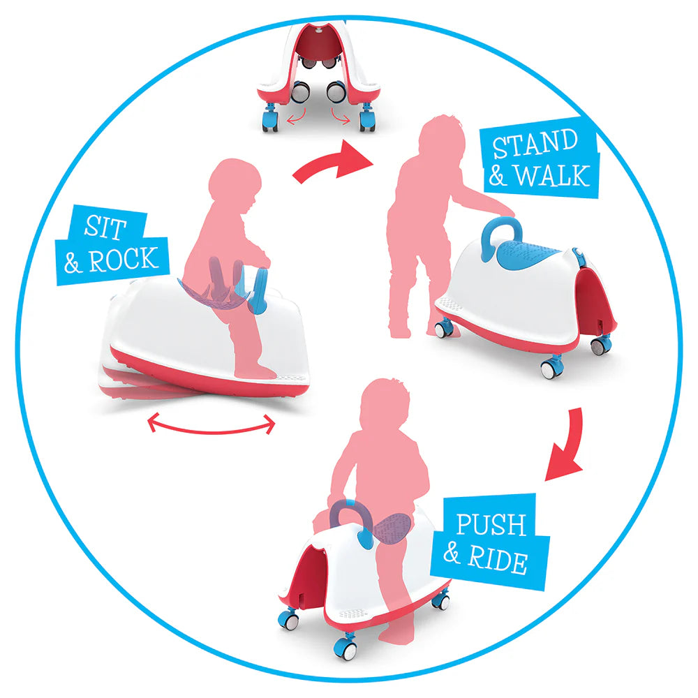 Multifunctional children's toy with stages for sitting, rocking, standing, walking, pushing, and riding.