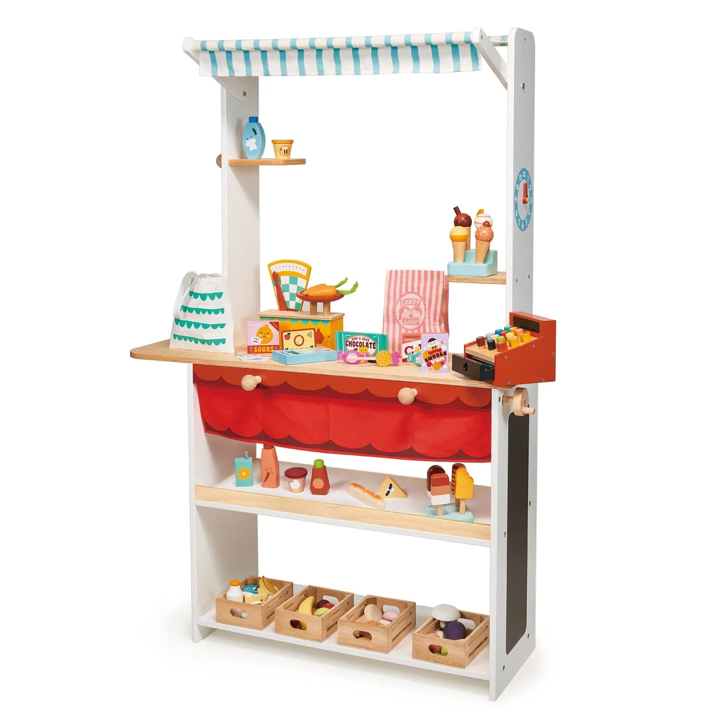 Children's play kitchen set with various accessories on a white background