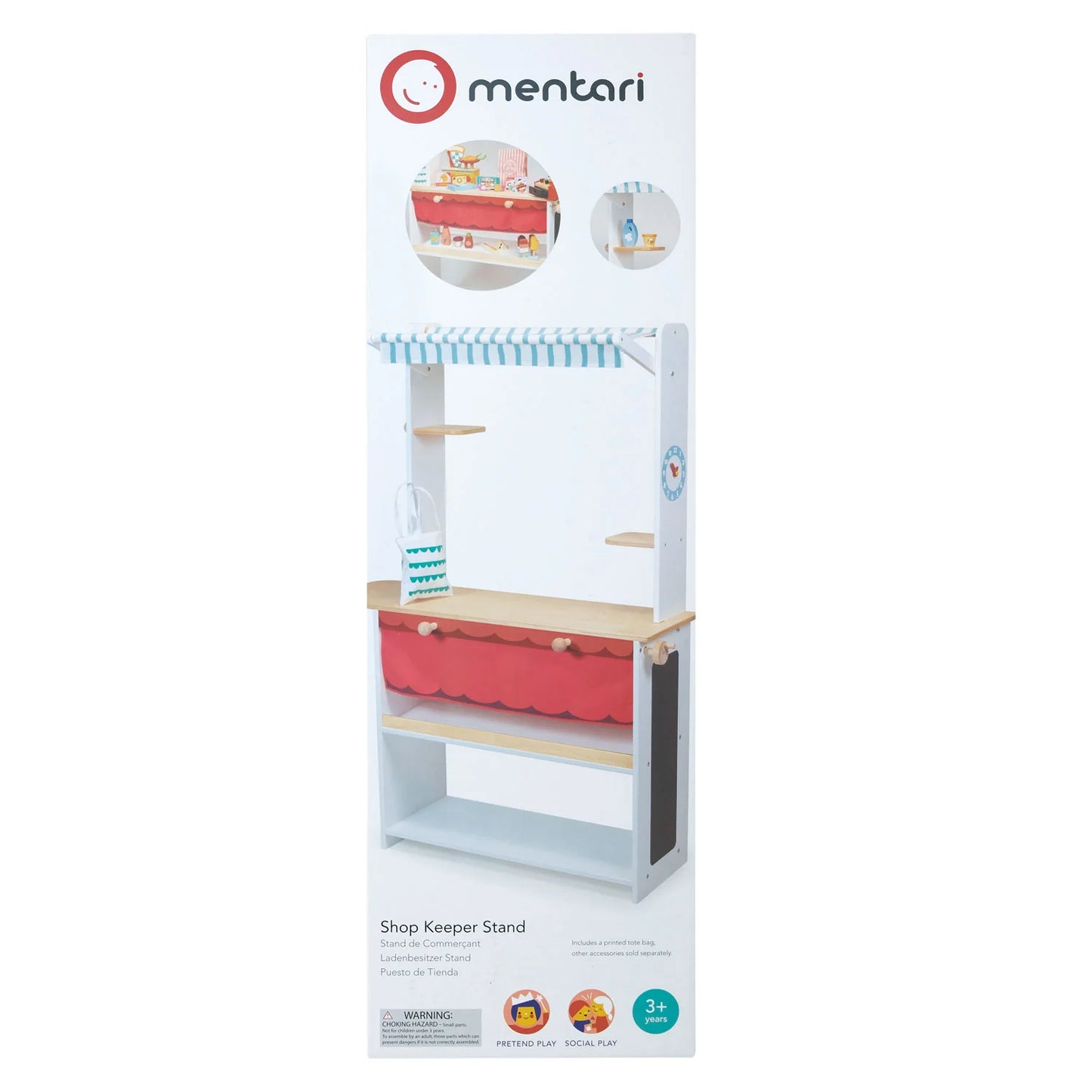 Packaging of a toy shopkeeper stand with 'mentari' branding on a white background.
