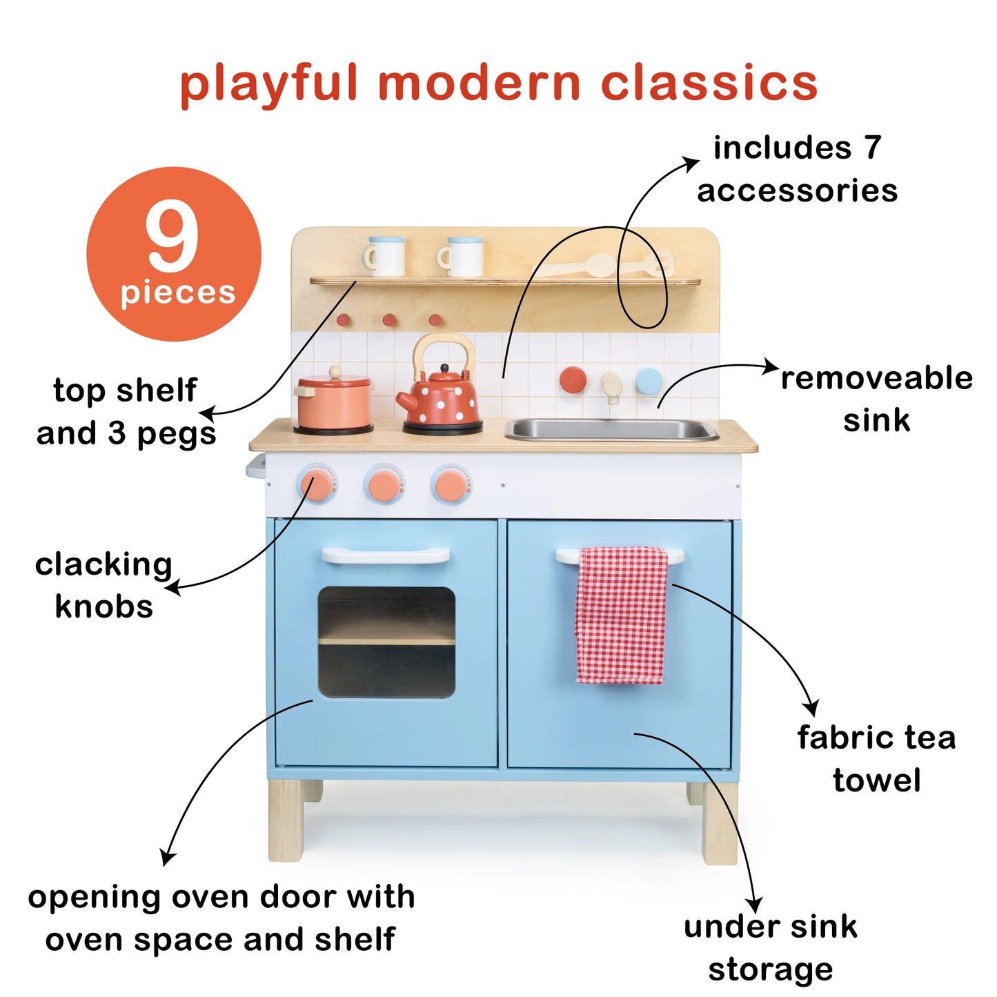 Wooden play kitchen set with features highlighted on a white background
