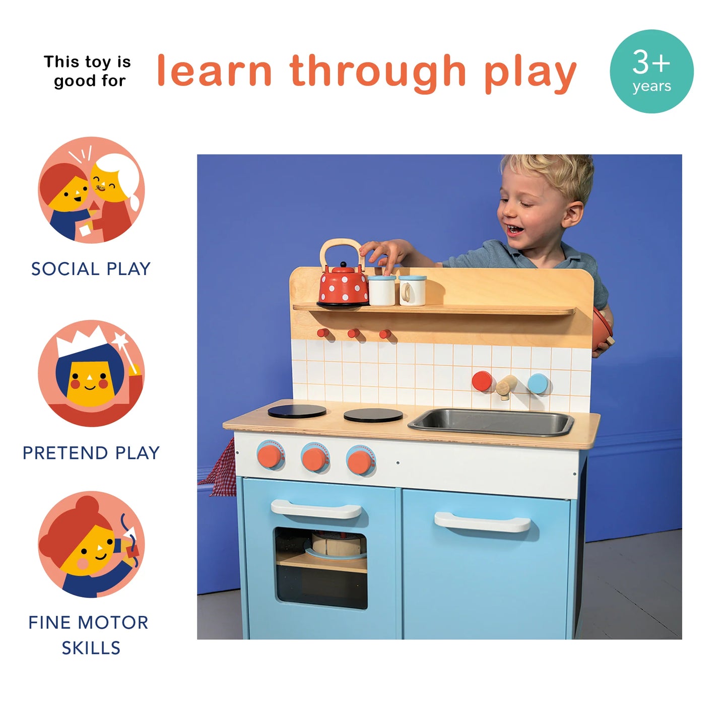 Children's toy kitchen set with a child playing with it, labeled for social play, pretend play, and fine motor skills.