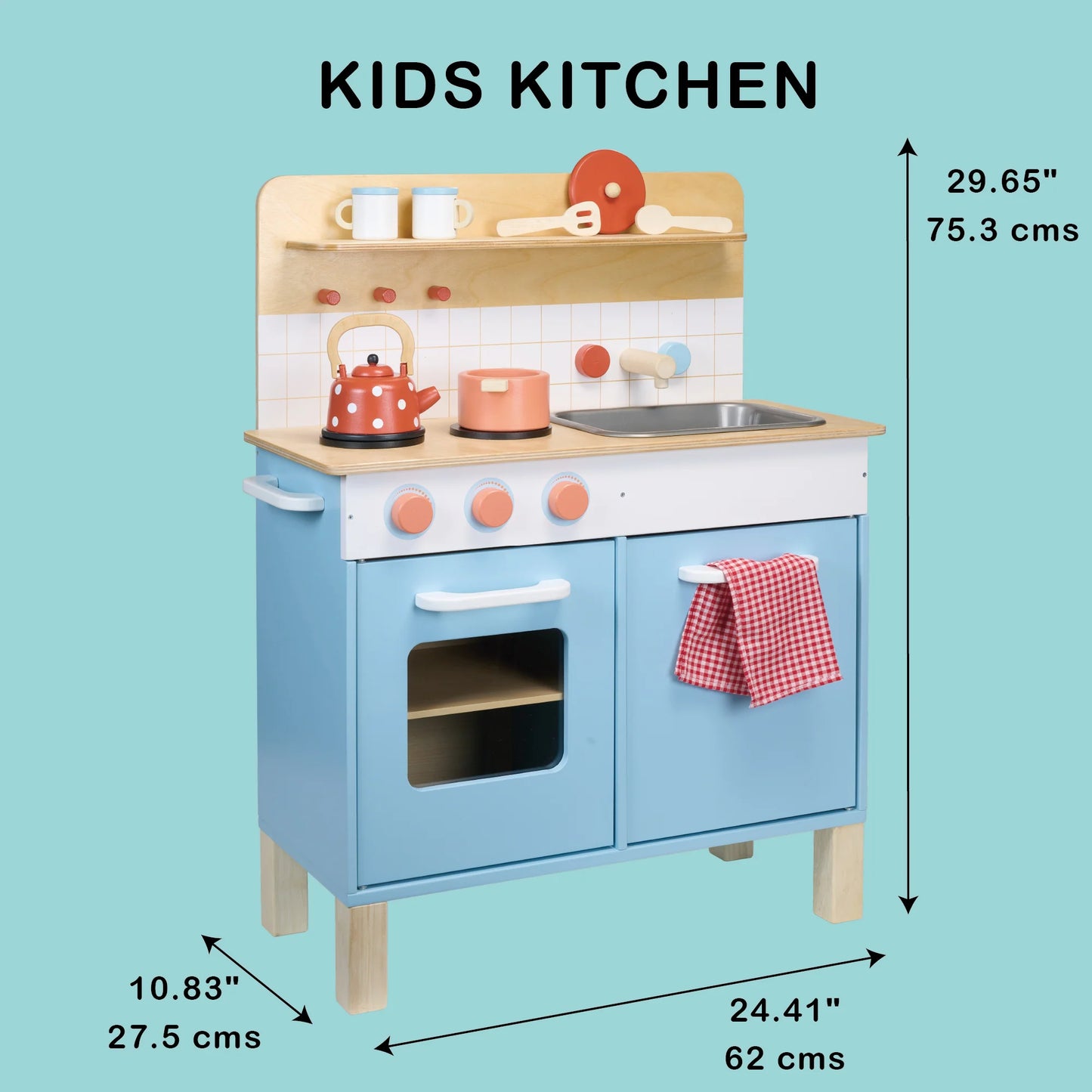 Children's play kitchen set with measurements on a light blue background