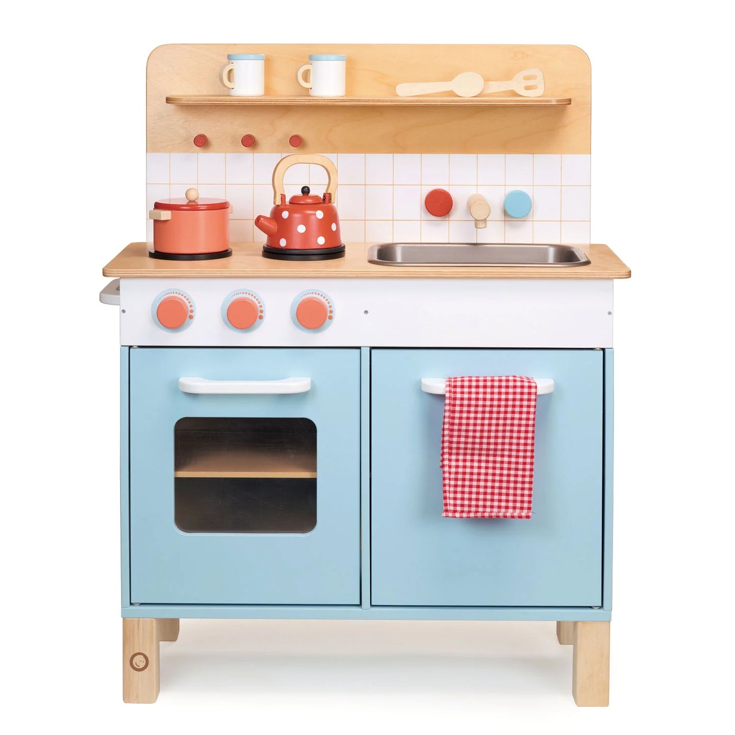 Children's wooden play kitchen set with blue oven and wooden shelves.