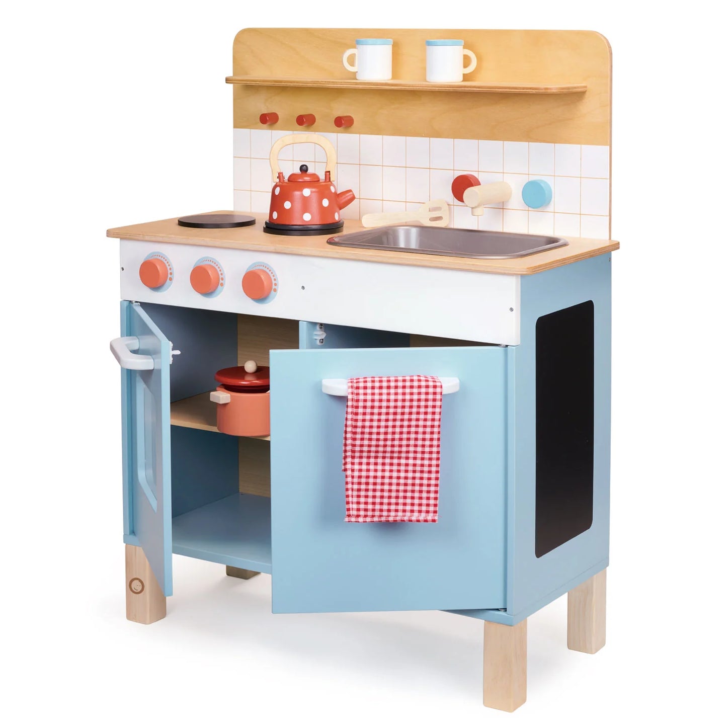Children's wooden play kitchen set with blue oven, red teapot, and other accessories on a white background.