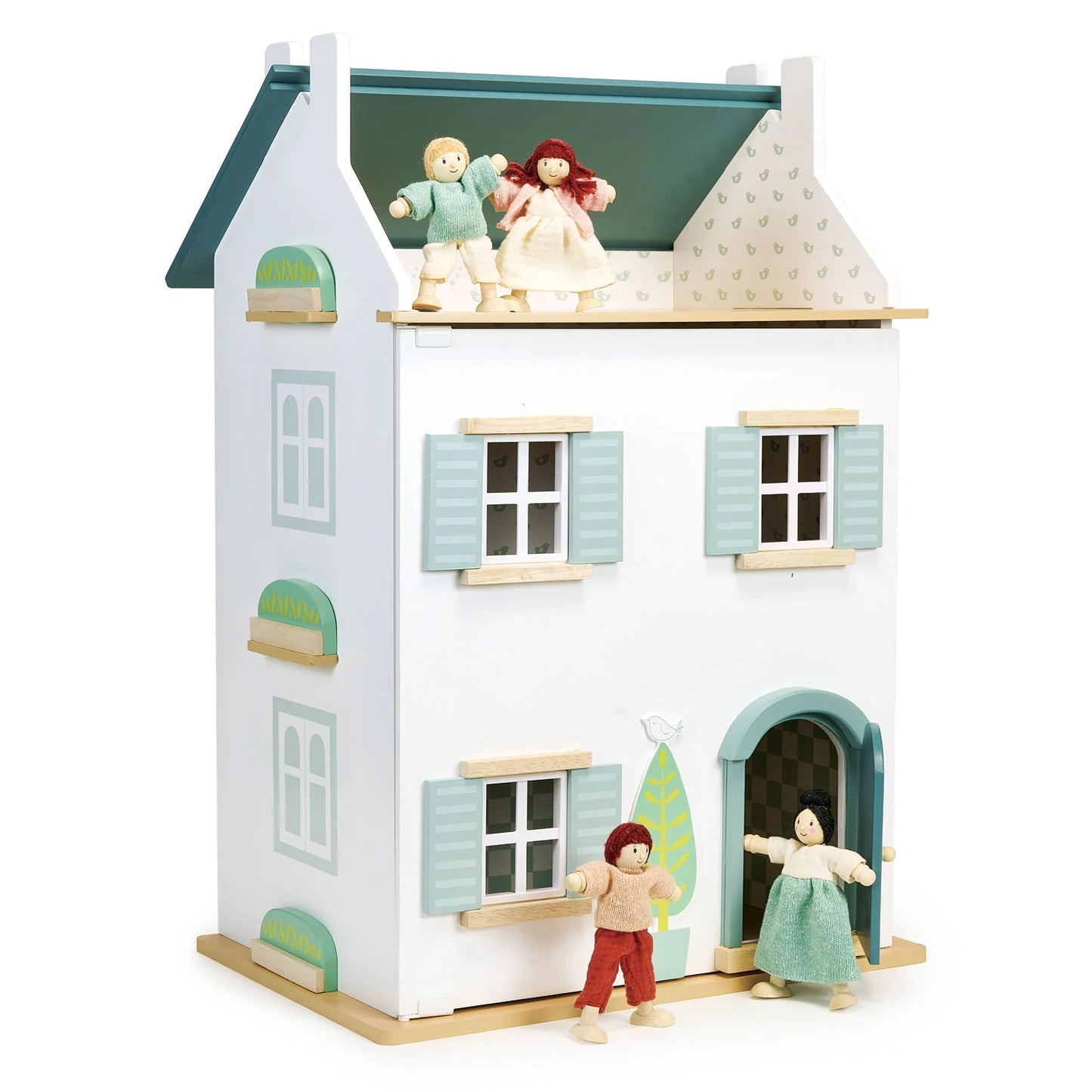 Toy dollhouse with miniature figures on a white background