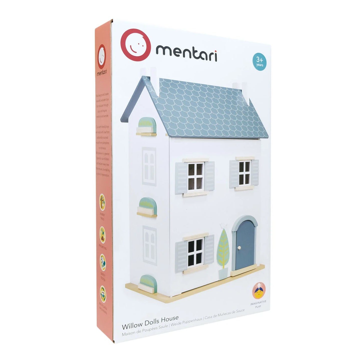 Box of a dollhouse with 'mentari' branding on a white background