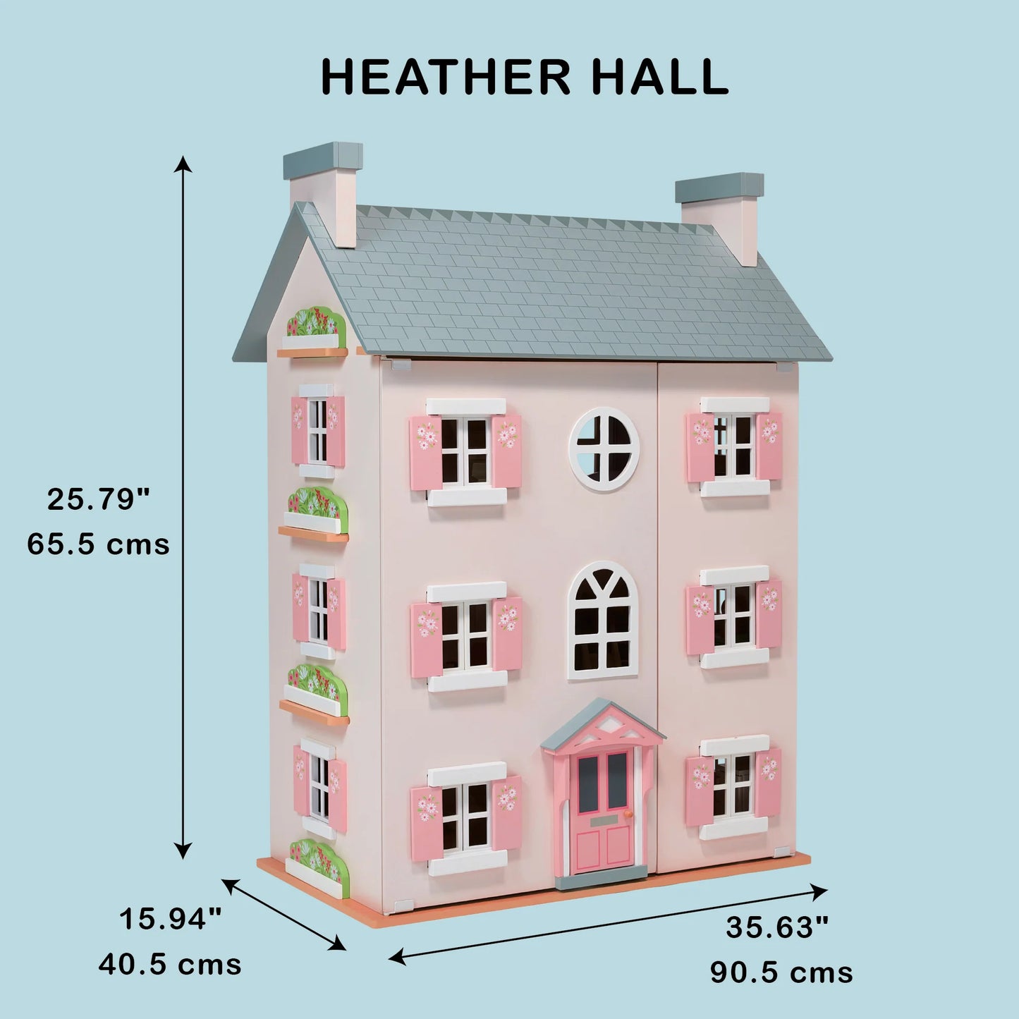 Measurement chart of a dollhouse labeled 'Heather Hall' on a light blue background
