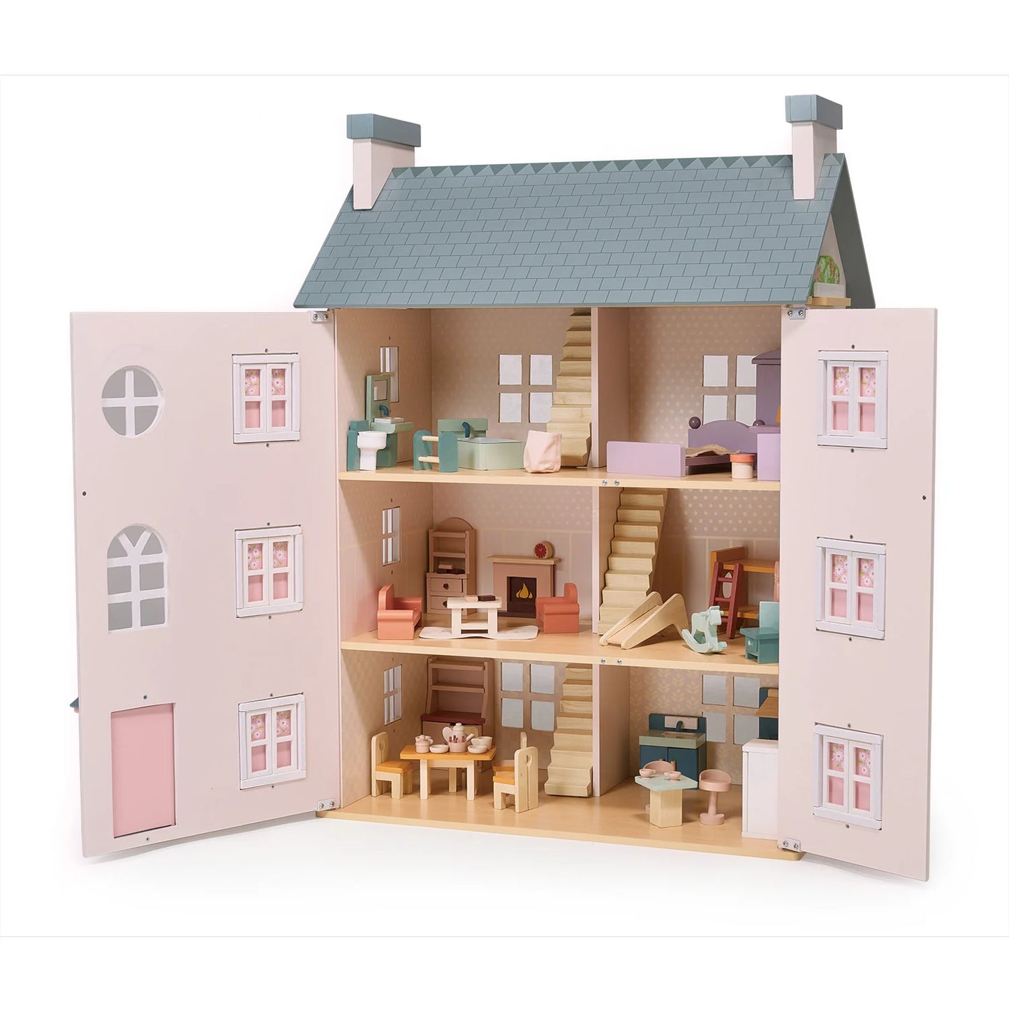 Wooden dollhouse with open doors showing interior rooms and furniture.