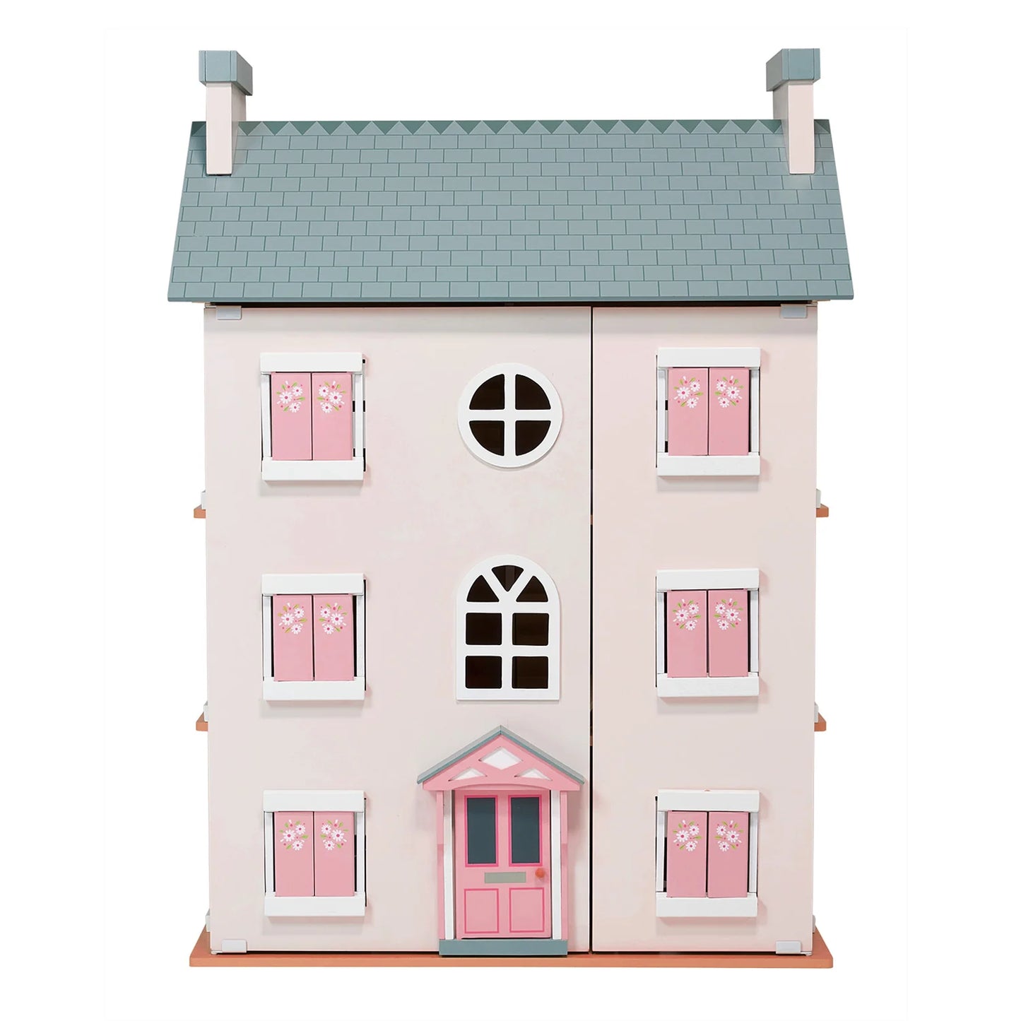 Pink dollhouse with a gray roof on a white background