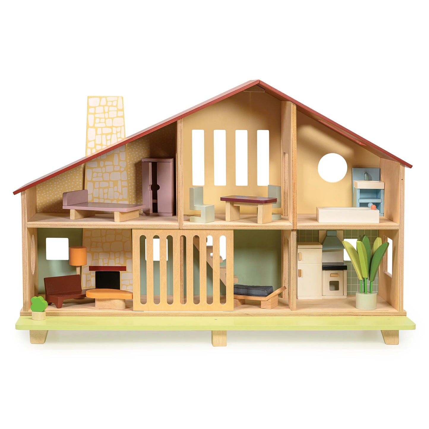 Wooden dollhouse with various rooms and furniture on a white background
