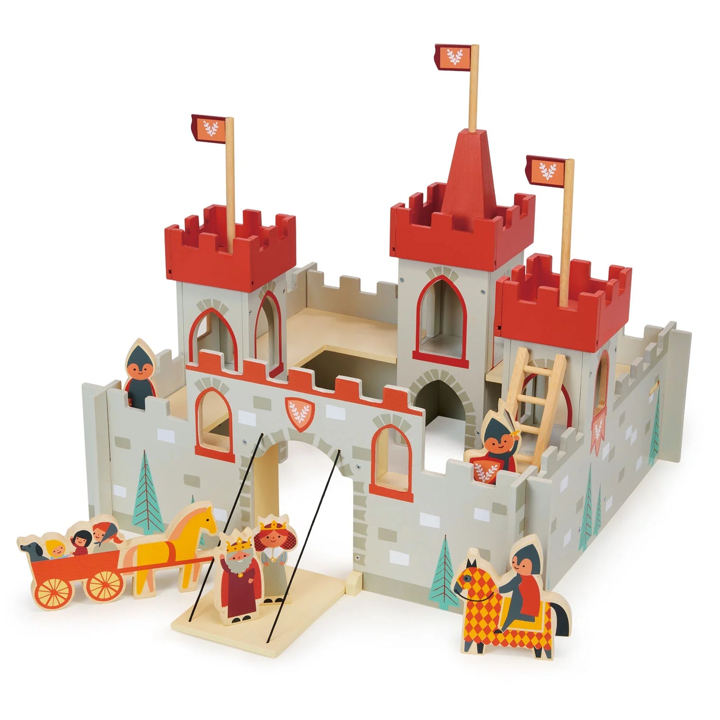 Toy castle with red towers and various figures on a white background