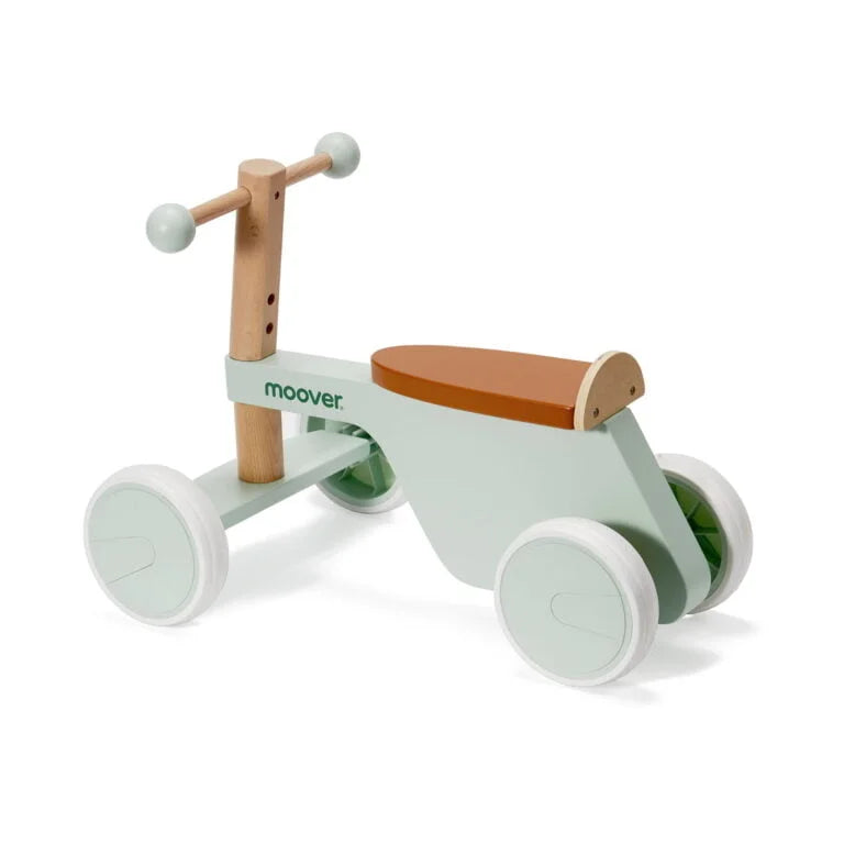 Children's balance bike with wooden seat and handlebar on a white background