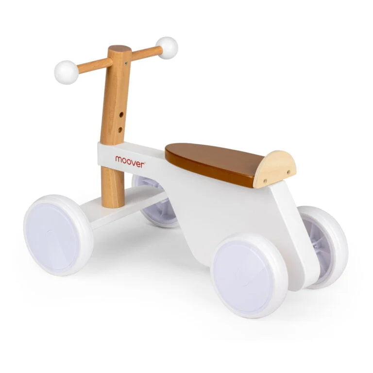 Children's balance bike with wooden handlebar and seat on a white background