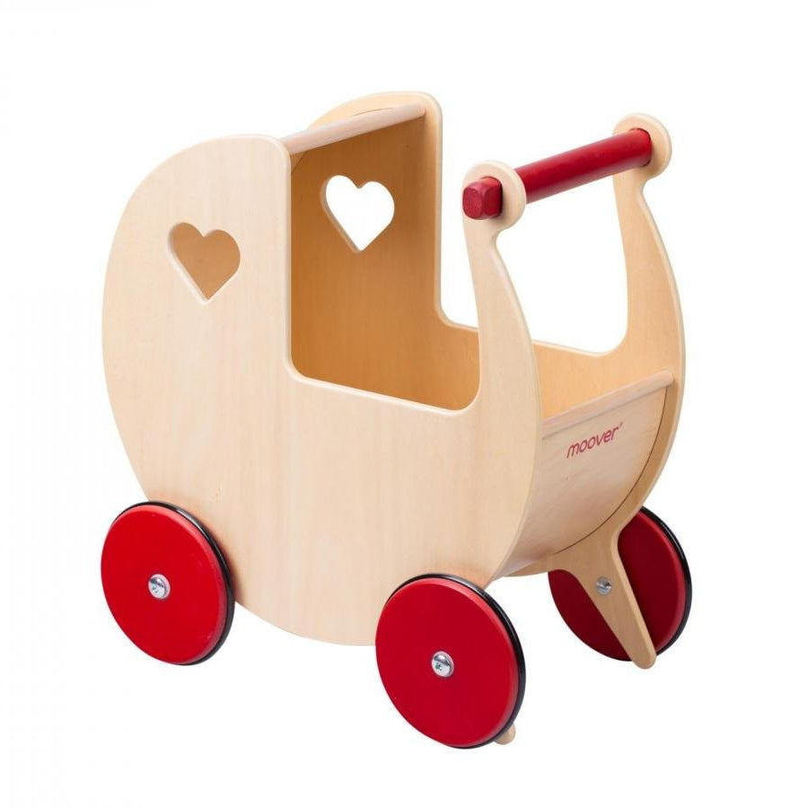 Wooden doll stroller with red wheels on a white background