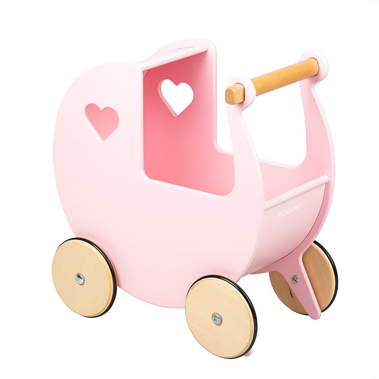 Pink toy pram with wooden wheels and handle on a white background