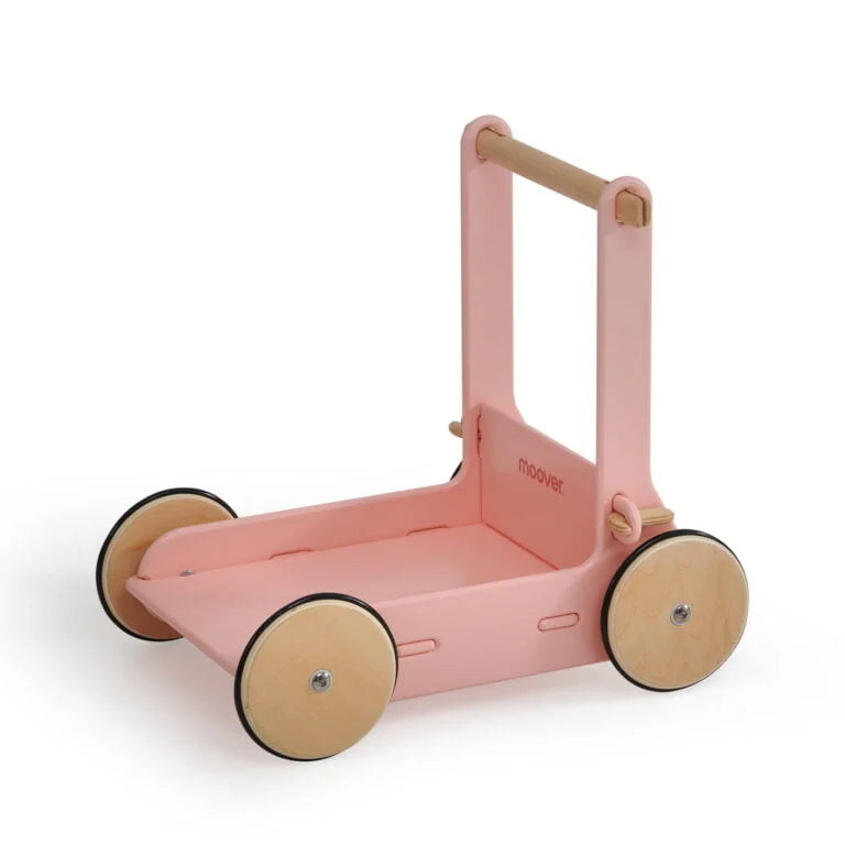 Pink children's push cart with wooden accents on a white background