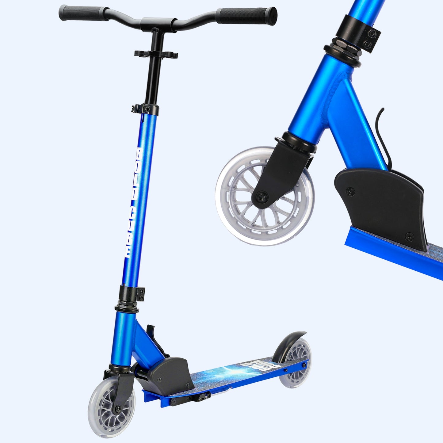 Blue scooter with black handlebar and wheels on a white background