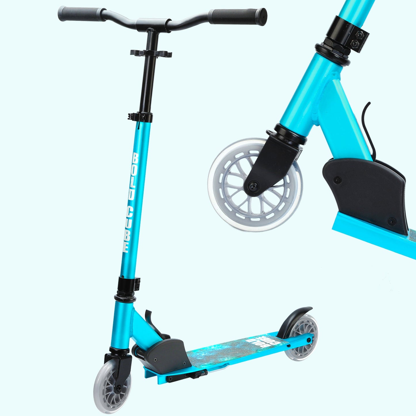 Blue scooter with black accents on a white background