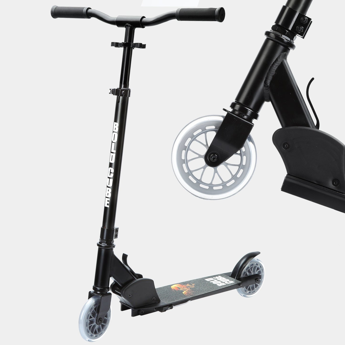 Black scooter with a close-up of the wheel on a white background