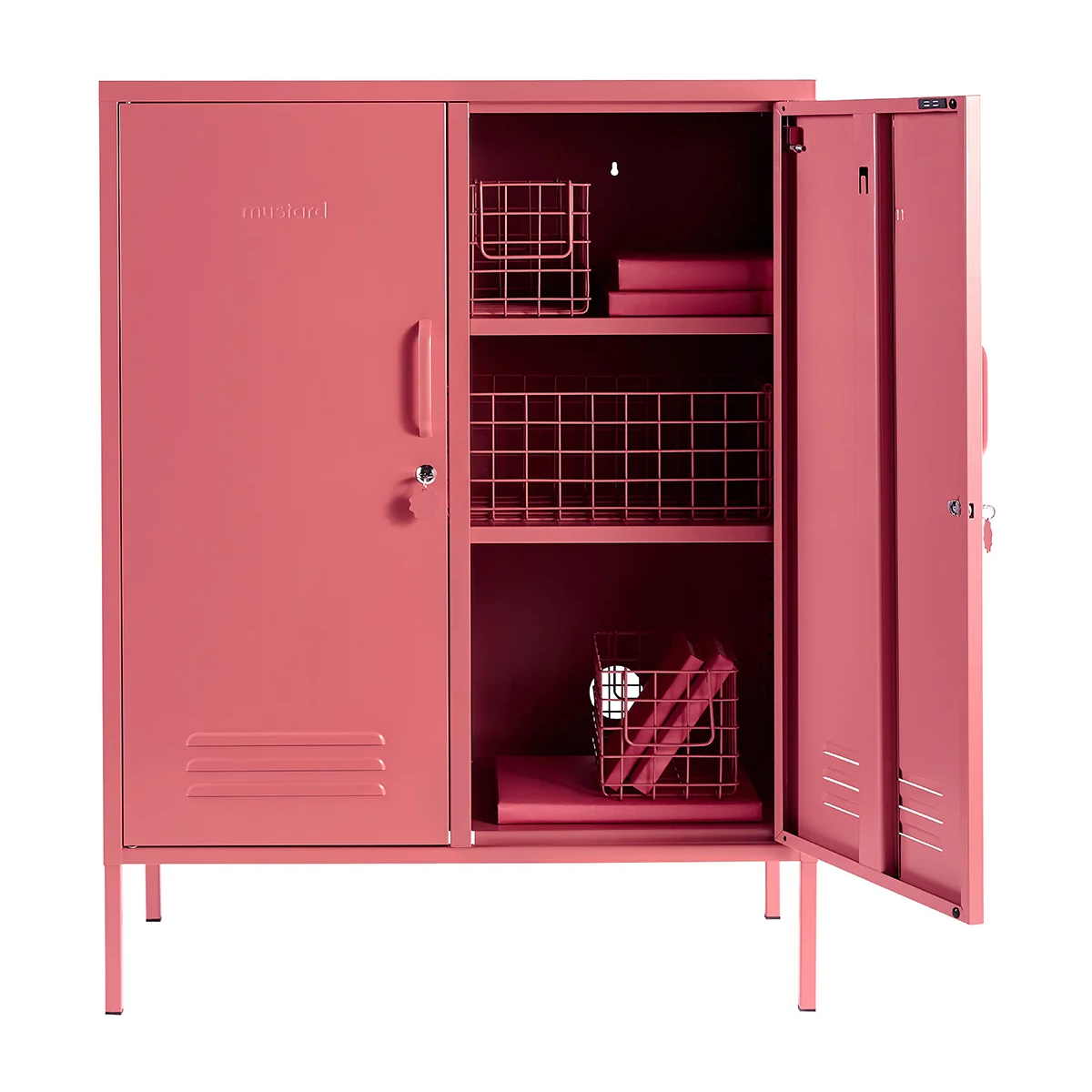 Pink metal locker with open door on a white background