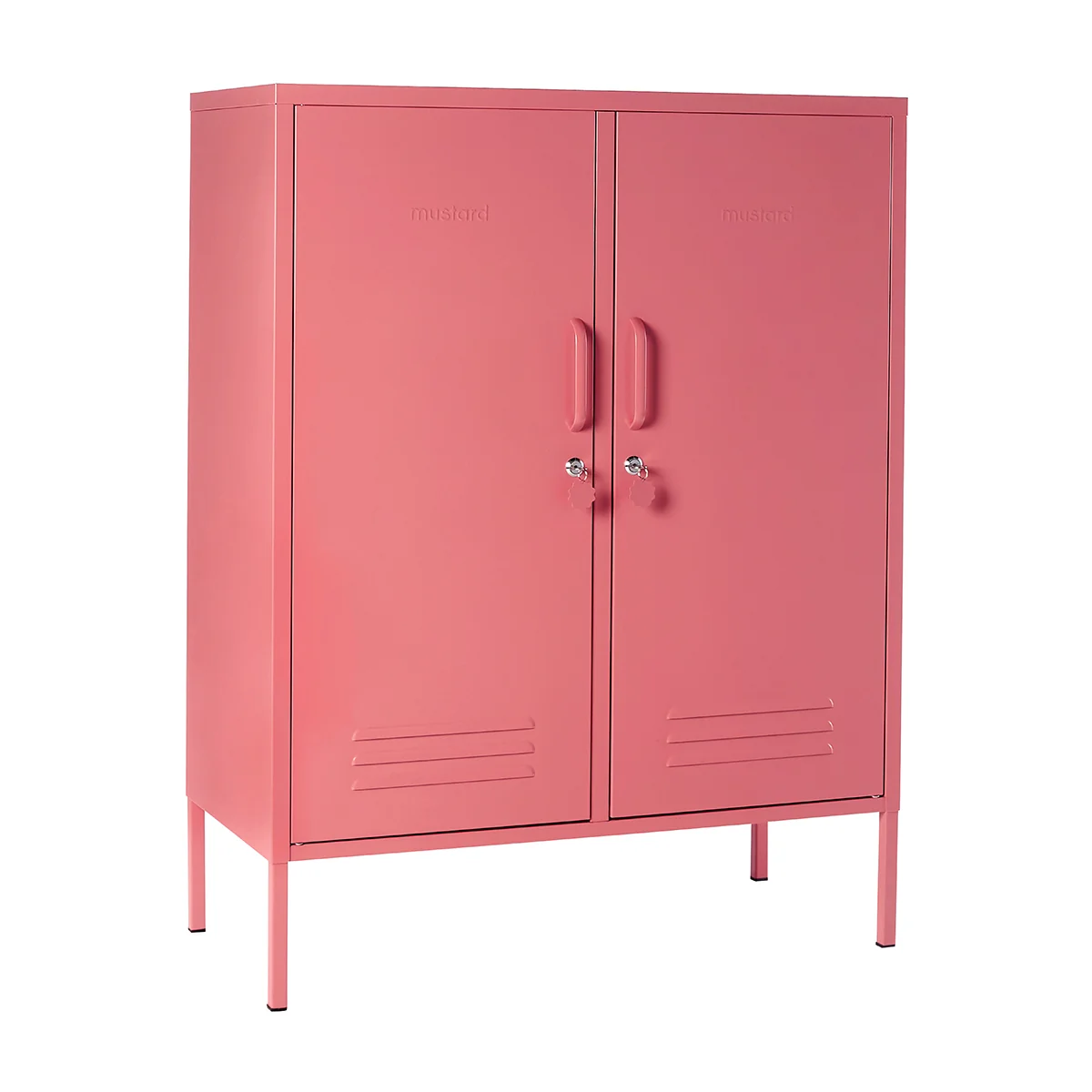 Pink metal cabinet with two doors on a white background