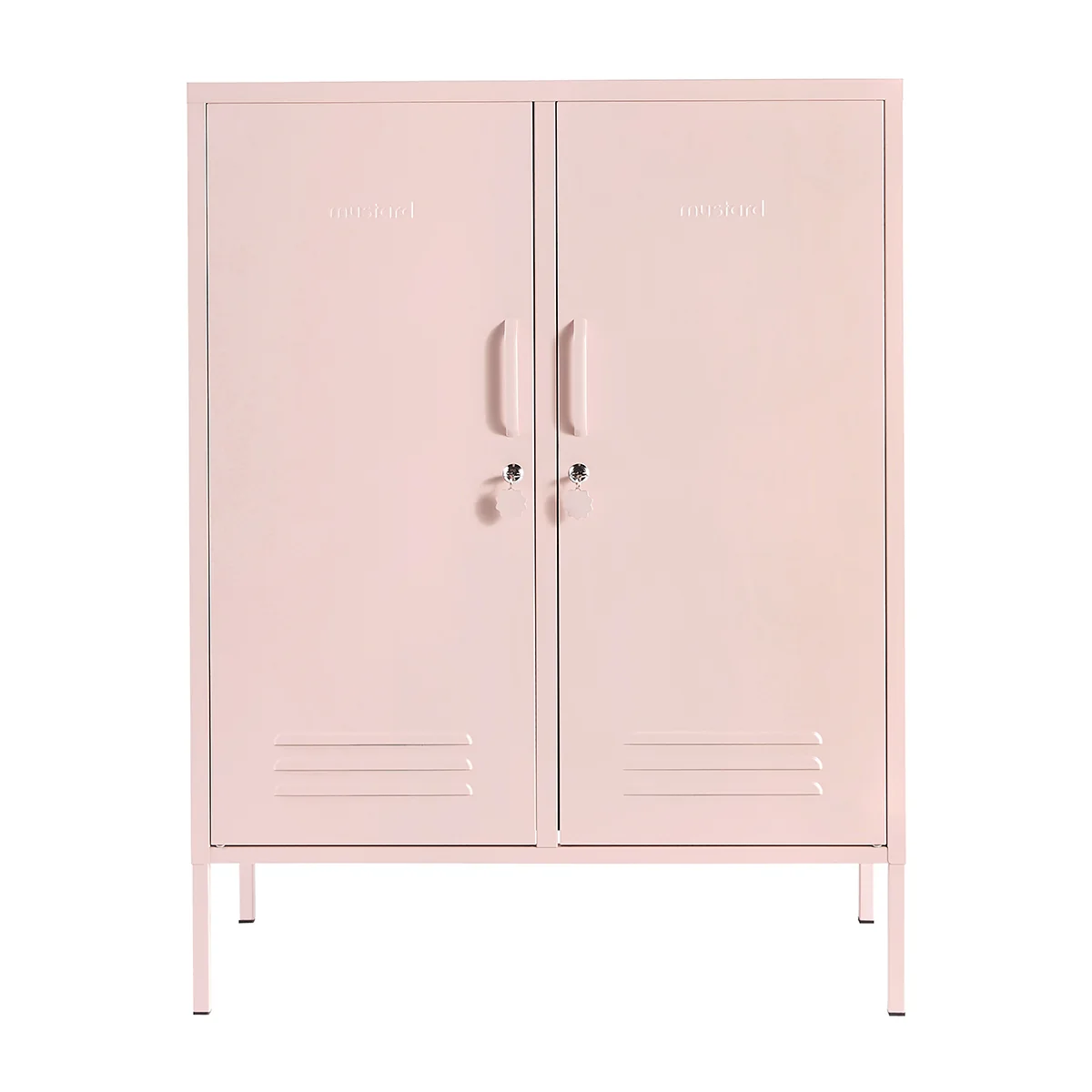 Pink metal locker with two doors on a white background