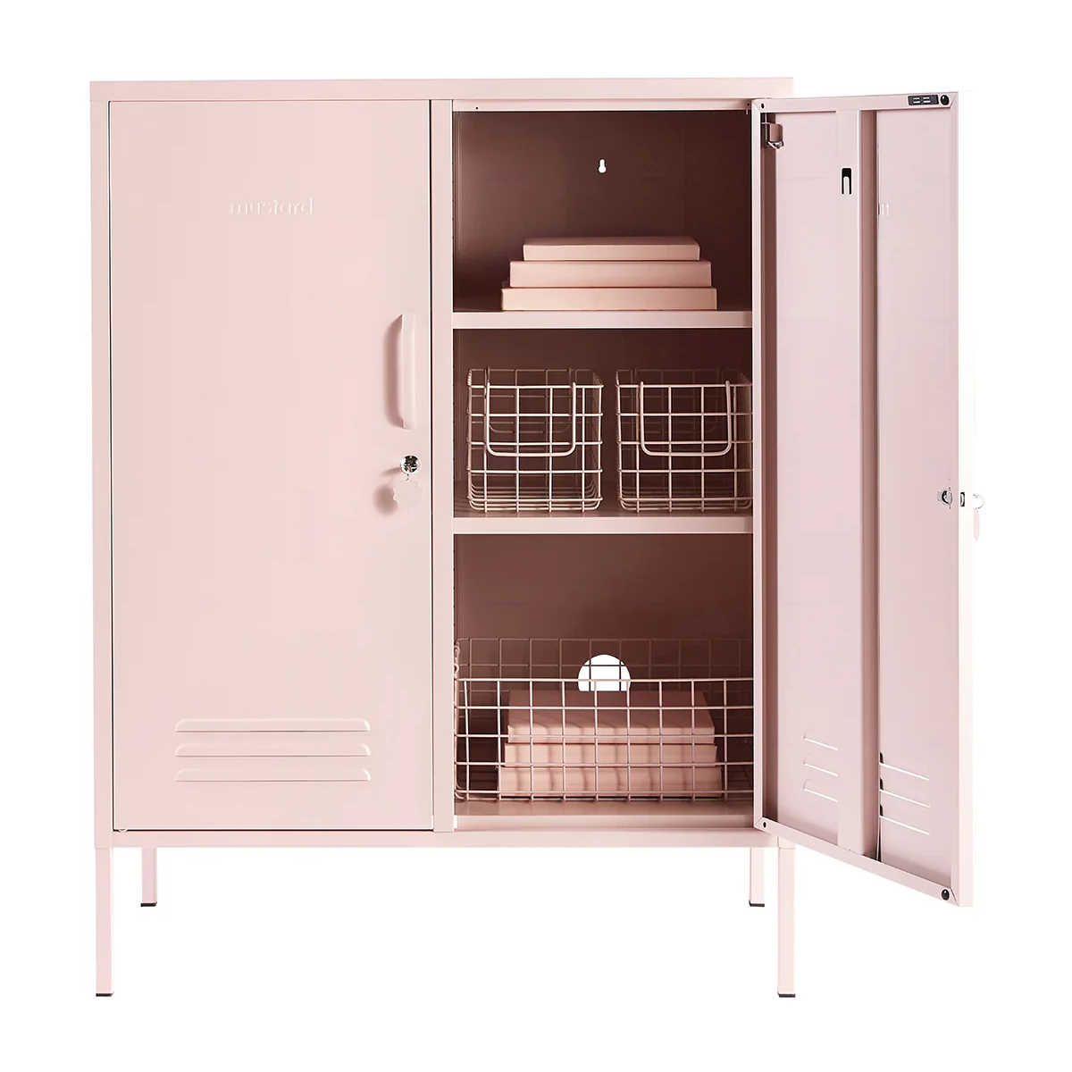 Pink storage cabinet with open doors on a white background