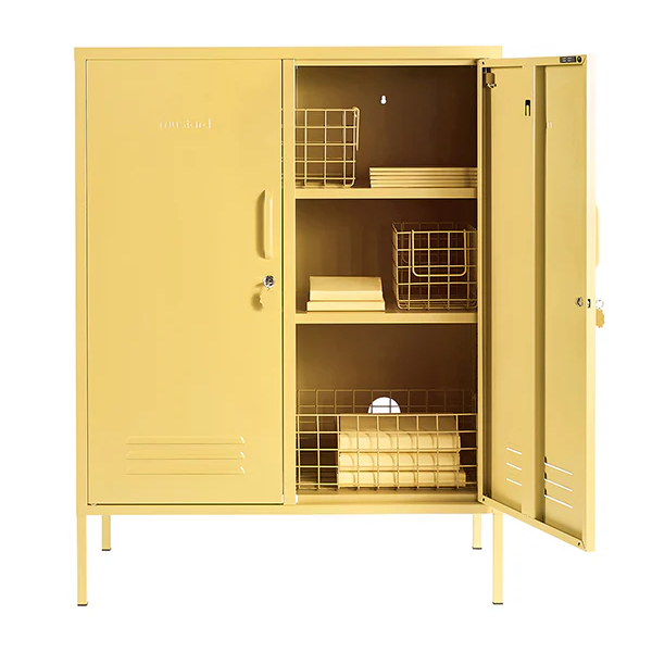 Yellow storage cabinet with open doors on a white background