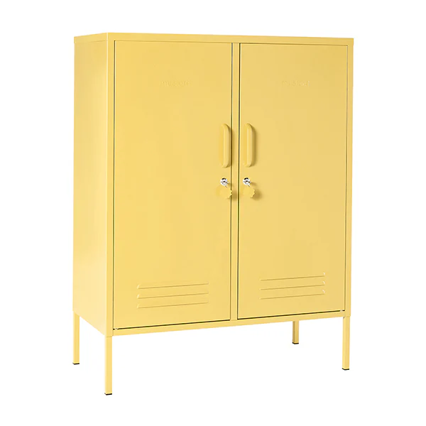 Yellow metal cabinet with two doors on a white background