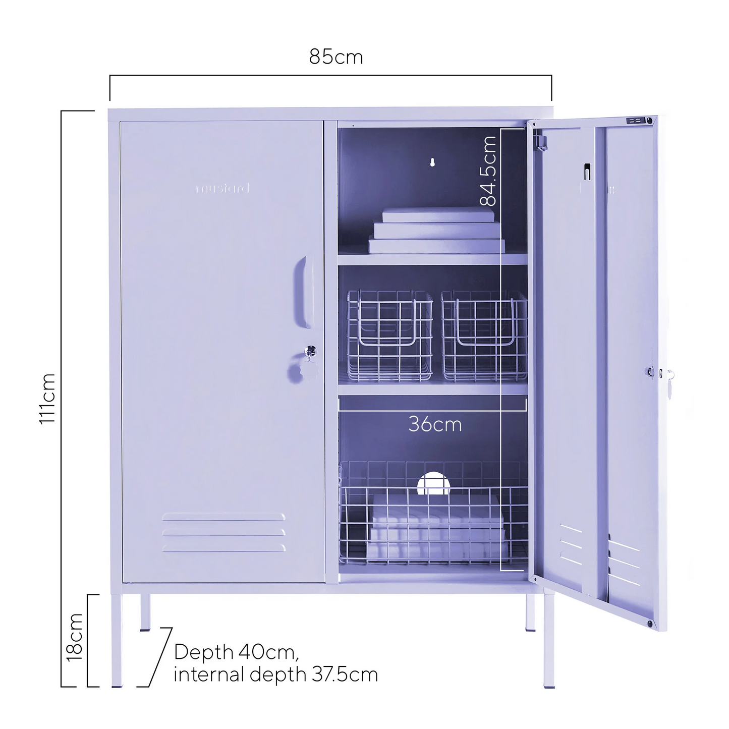 Dimensions of a storage cabinet with open doors showing shelves, on a white background.
