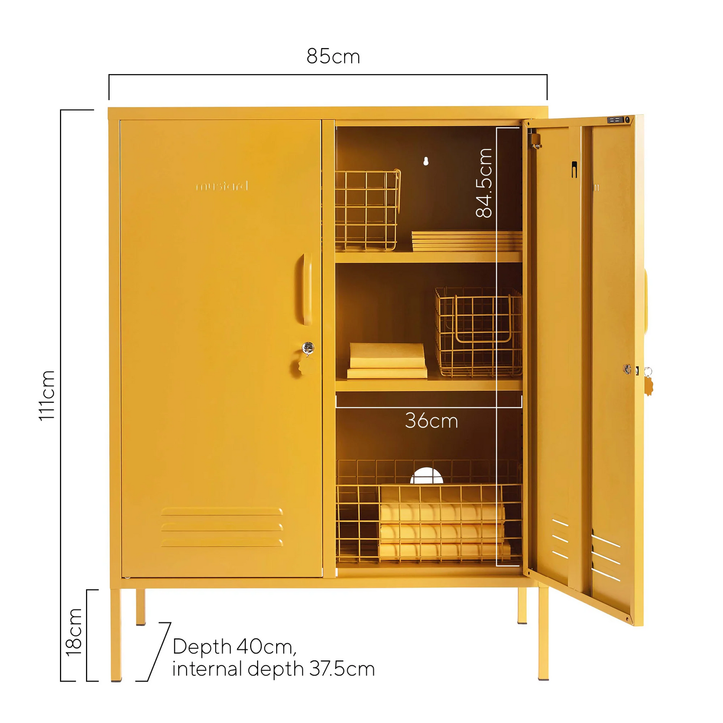 Yellow cabinet with dimensions labeled on a white background