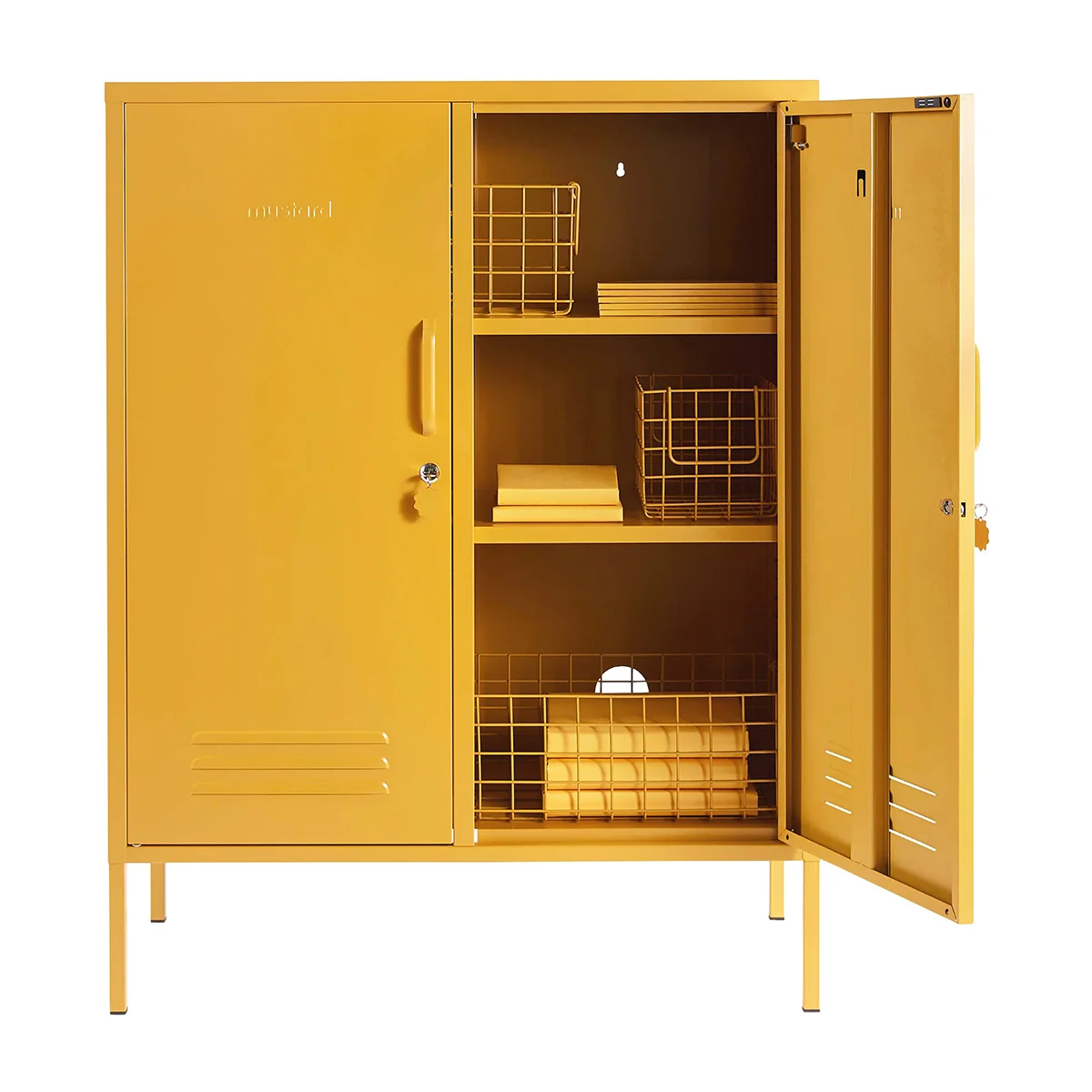 Yellow storage cabinet with open doors on a white background
