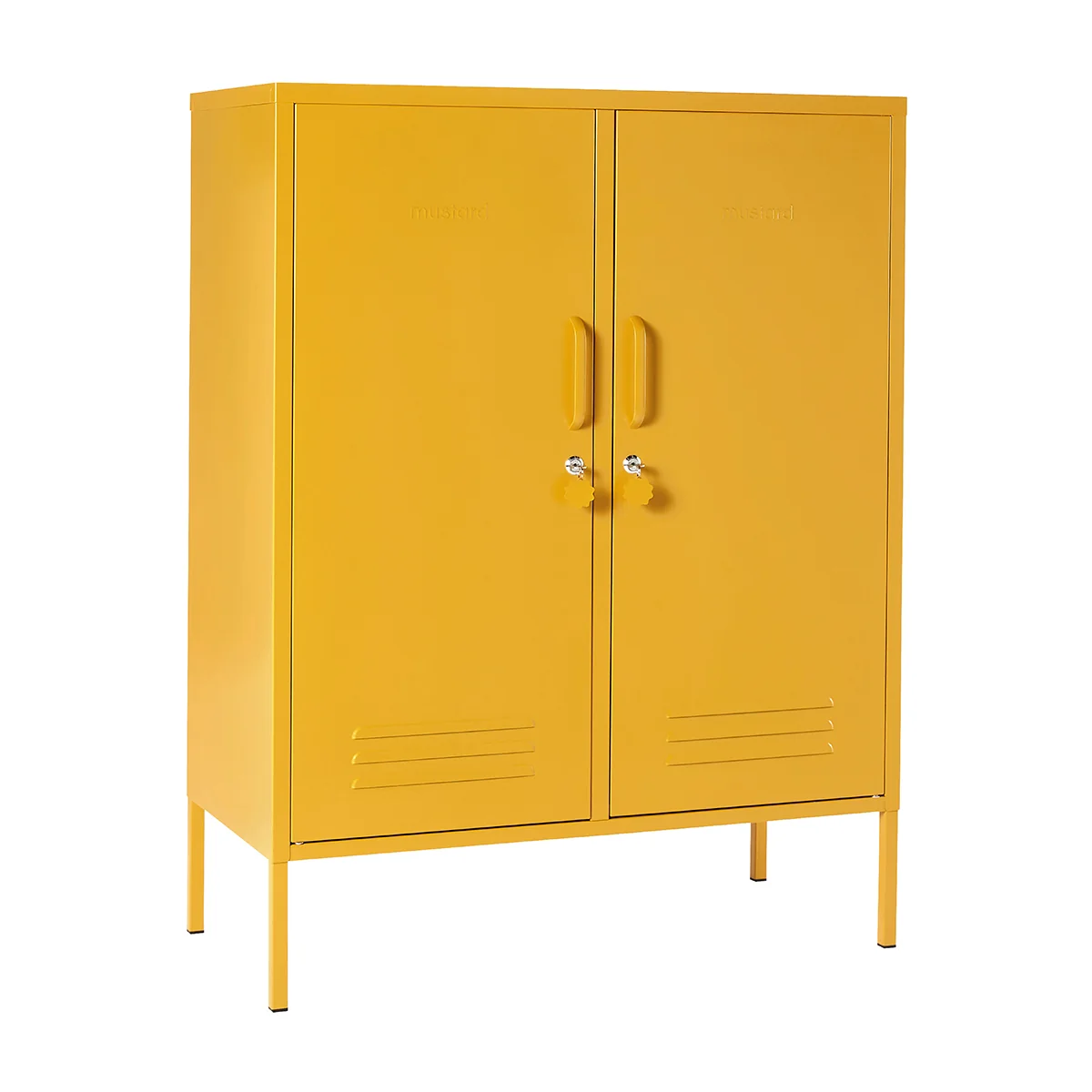Yellow metal cabinet with two doors on a white background