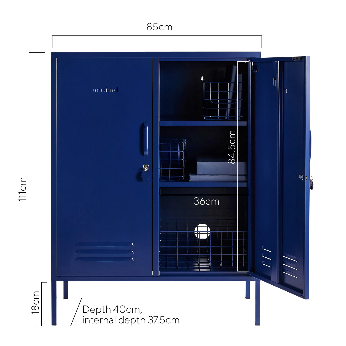 Blue locker with dimensions labeled on a white background