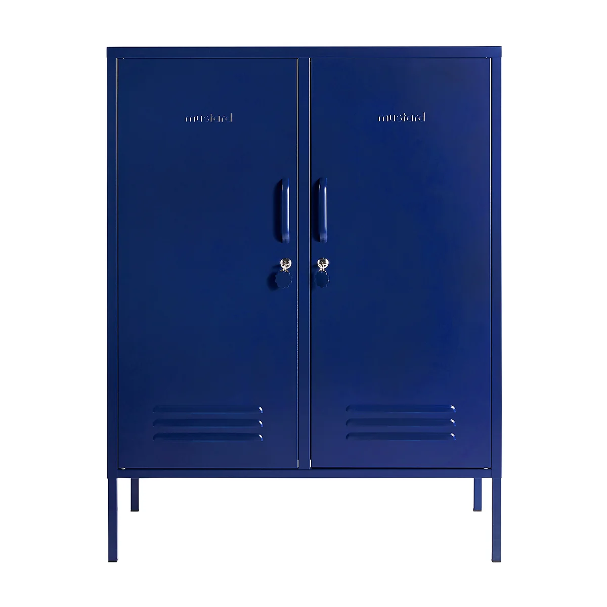 Blue metal locker with branding on a white background