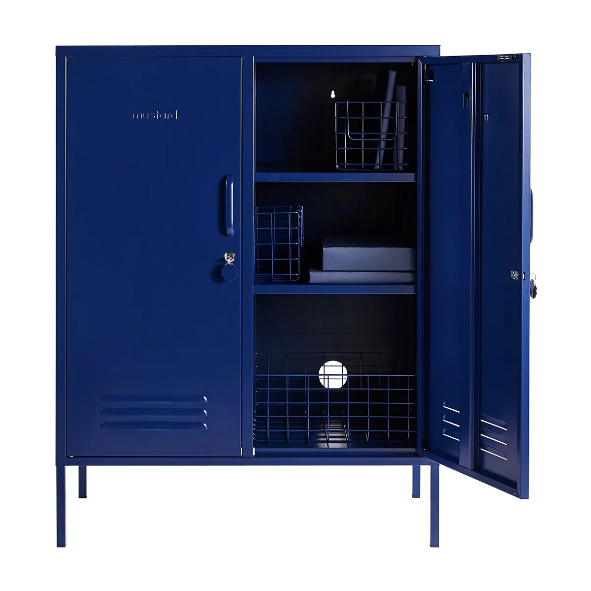 Blue metal locker with open doors on a white background