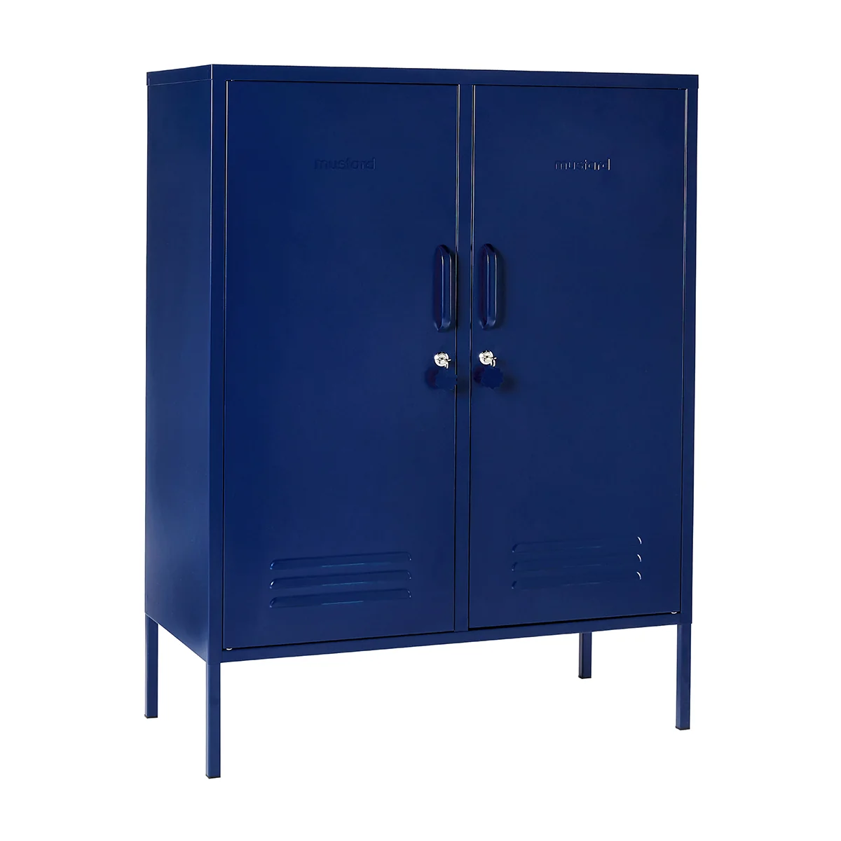 Blue metal cabinet with two doors on a white background