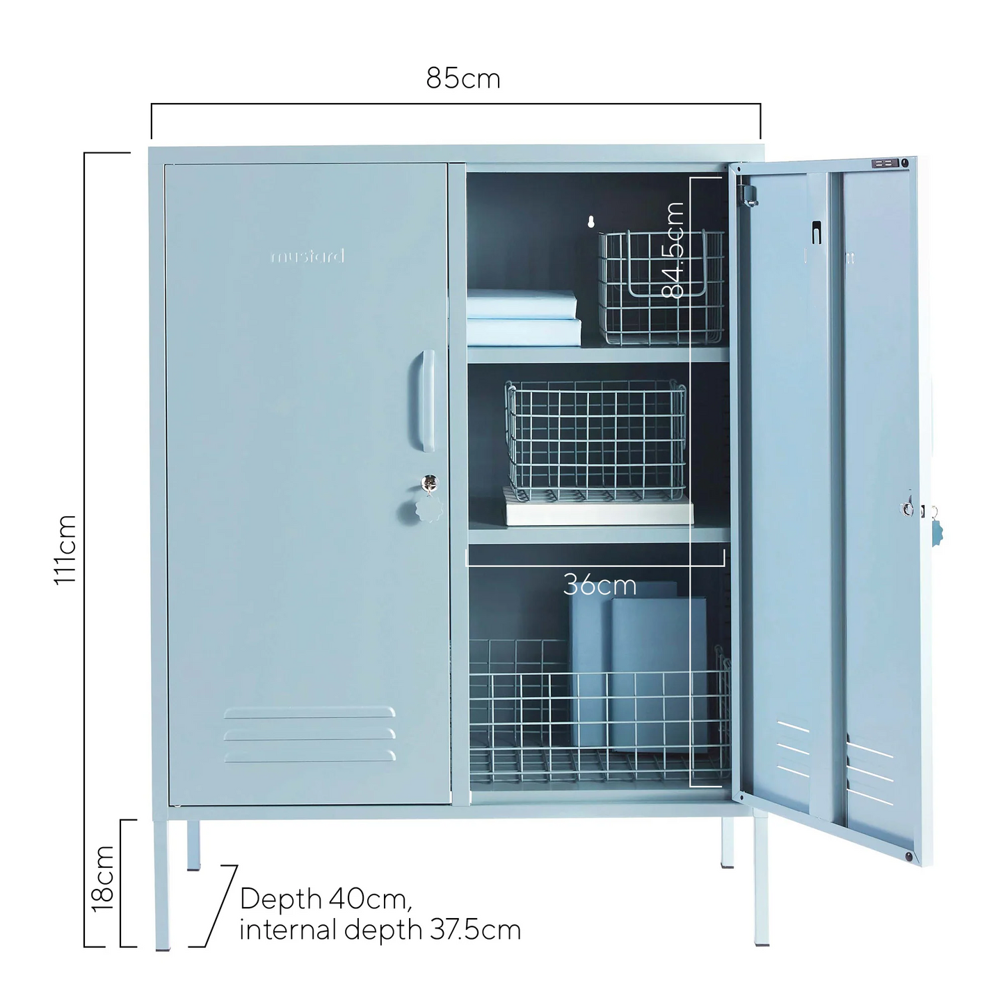 Storage cabinet with dimensions labeled on a white background
