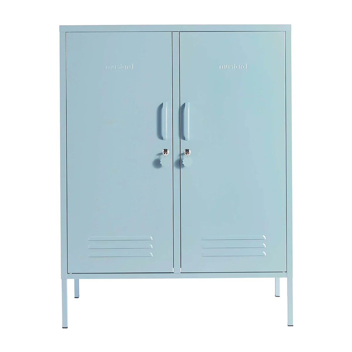 Light blue metal locker with two doors on a white background