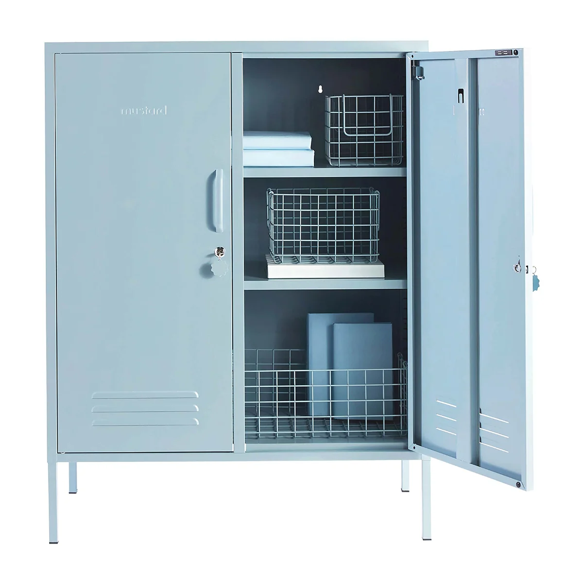 Metal storage cabinet with open doors on a white background