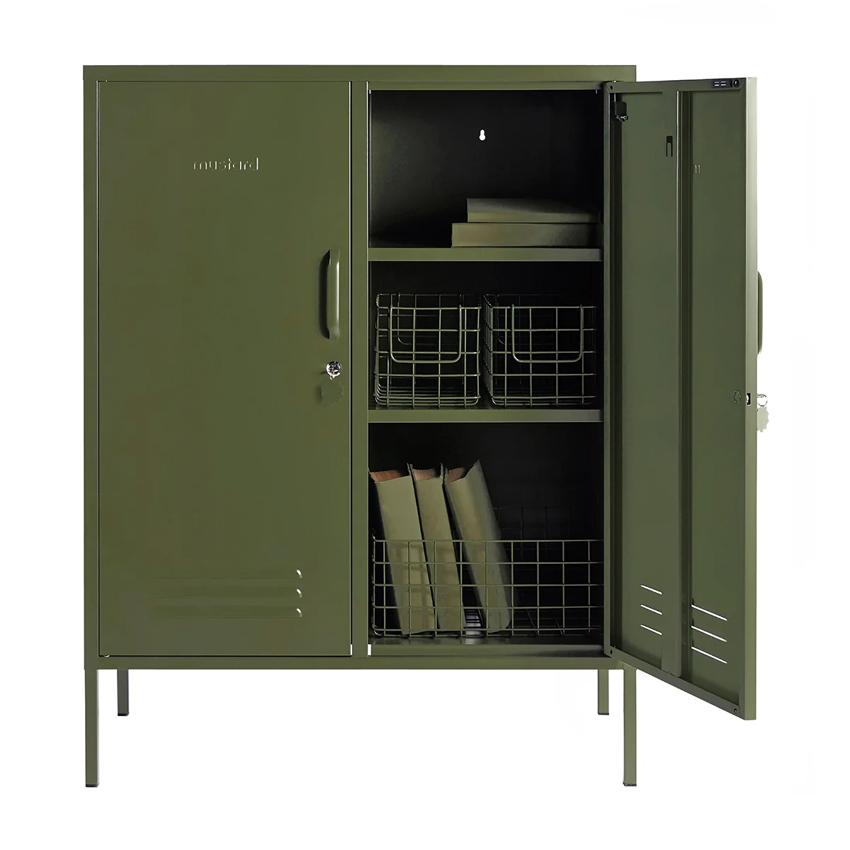 Green metal storage cabinet with open doors on a white background